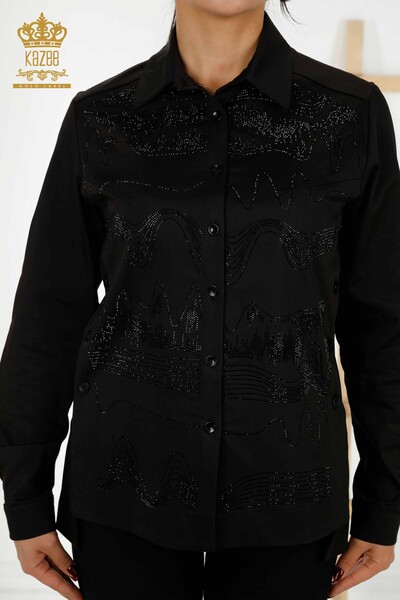 Toptan Kadın Gömlek Kristal Taş İşlemeli Siyah - 20240 | KAZEE - Thumbnail