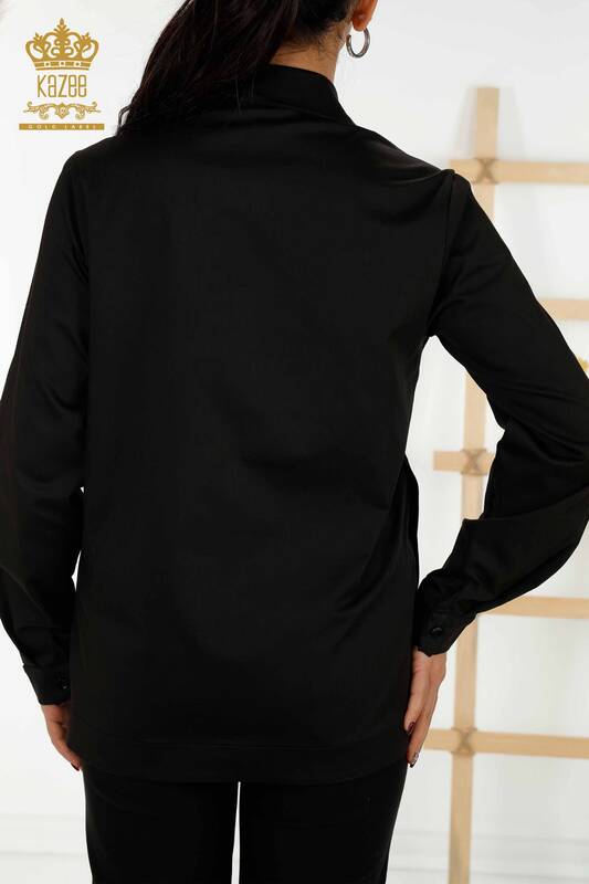 Toptan Kadın Gömlek Kristal Taş İşlemeli Siyah - 20240 | KAZEE