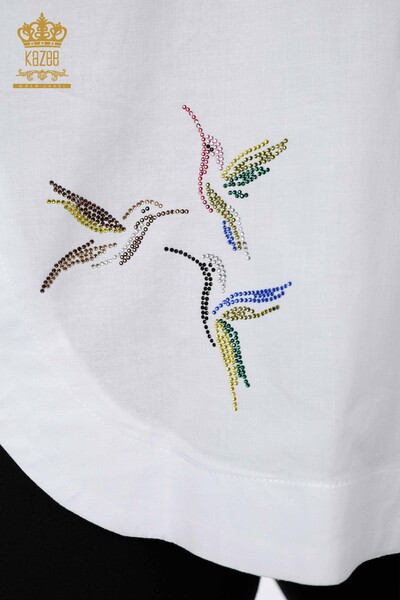Toptan Kadın Gömlek Kuş Desenli Beyaz - 20129 | KAZEE - Thumbnail