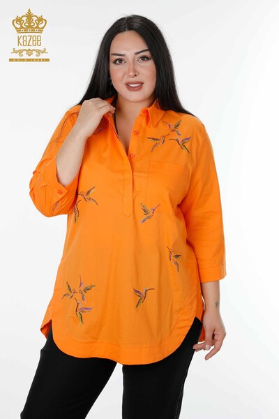 Toptan Kadın Gömlek Kuş Desenli Oranj - 20129 | KAZEE - Thumbnail