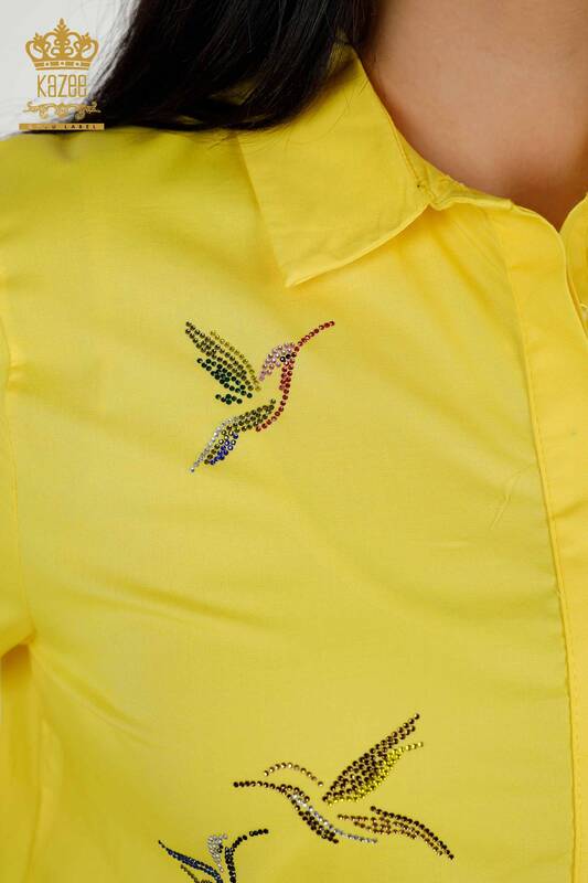 Toptan Kadın Gömlek Kuş Desenli Sarı - 20129 | KAZEE