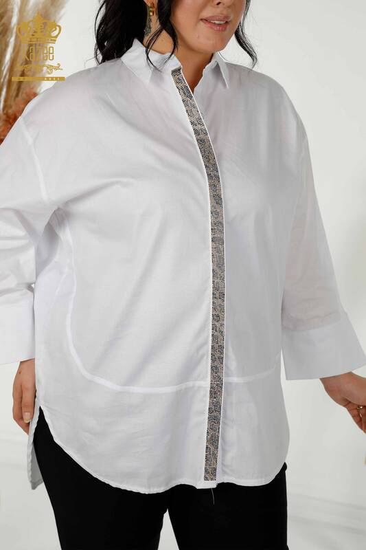 Toptan Kadın Gömlek Leopar Desenli Beyaz - 20028 | KAZEE