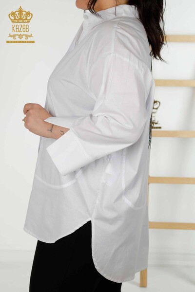 Toptan Kadın Gömlek Leopar Desenli Beyaz - 20028 | KAZEE - Thumbnail