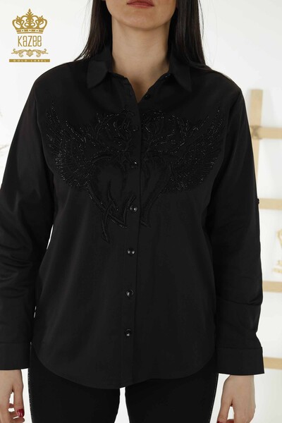 Toptan Kadın Gömlek Melek Kanat Desenli Siyah - 20233 | KAZEE - Thumbnail