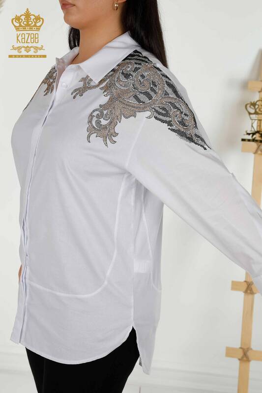 Toptan Kadın Gömlek Omuz Detaylı Beyaz - 20440 | KAZEE