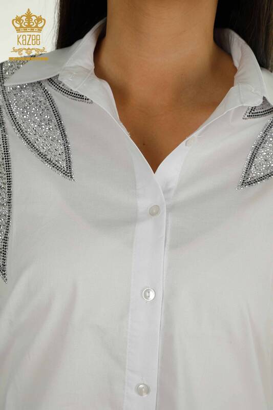 Toptan Kadın Gömlek Omuz Detaylı Beyaz - 20478 | KAZEE