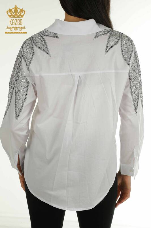 Toptan Kadın Gömlek Omuz Detaylı Beyaz - 20478 | KAZEE