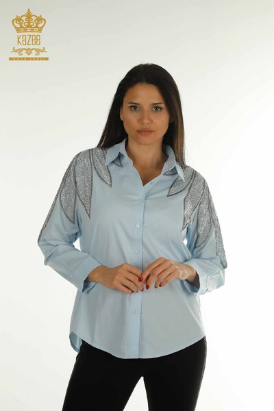 Toptan Kadın Gömlek Omuz Detaylı Mavi - 20478 | KAZEE - Thumbnail