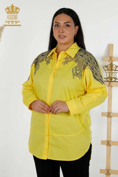 Toptan Kadın Gömlek Omuz Detaylı Sarı - 20440 | KAZEE