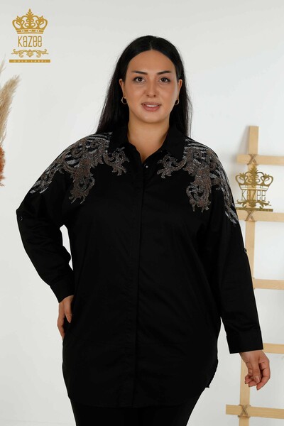 Toptan Kadın Gömlek Omuz Detaylı Siyah - 20440 | KAZEE