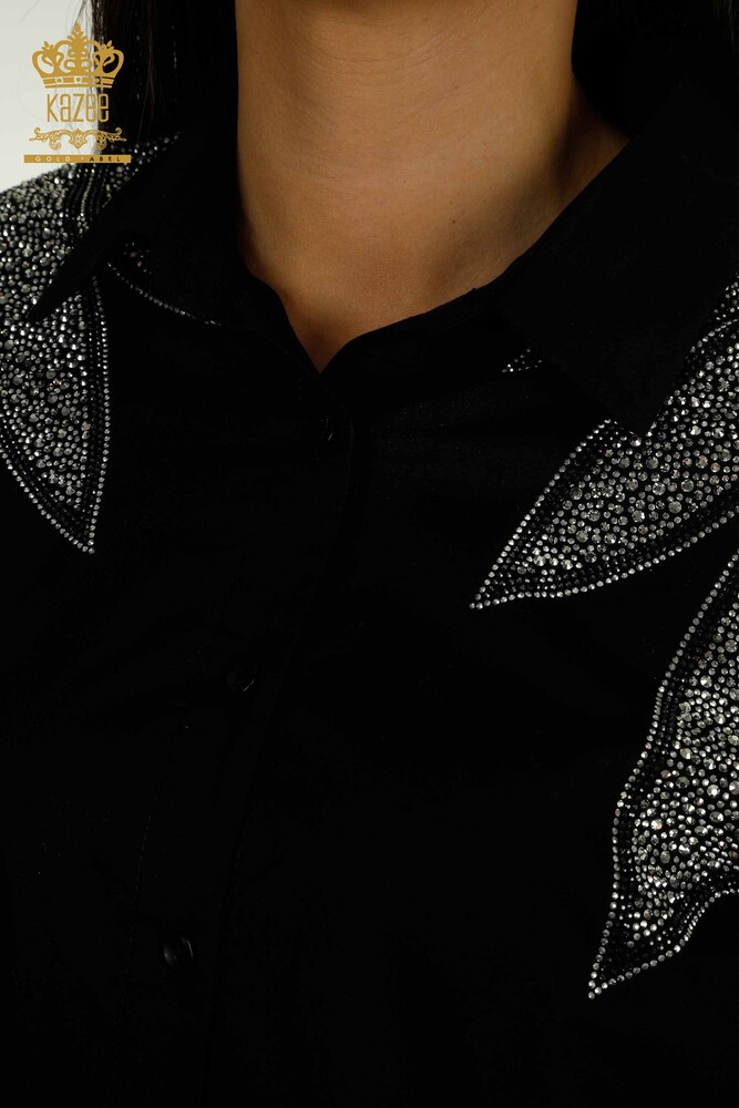 Toptan Kadın Gömlek Omuz Detaylı Siyah - 20478 | KAZEE - 3