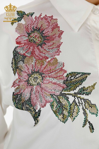 Toptan Kadın Gömlek Renkli Çiçek İşlemeli Ekru - 20234 | KAZEE - Thumbnail