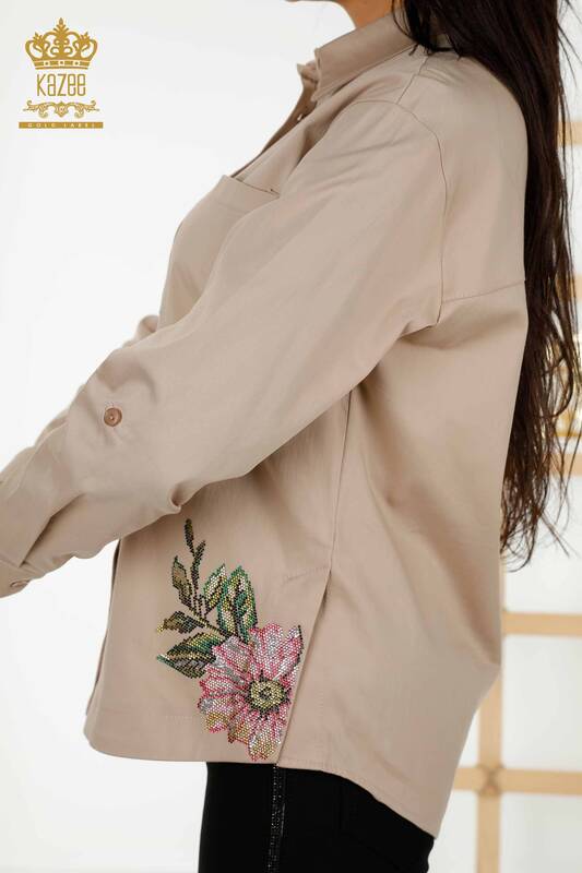Toptan Kadın Gömlek Renkli Çiçek İşlemeli Vizon - 20234 | KAZEE