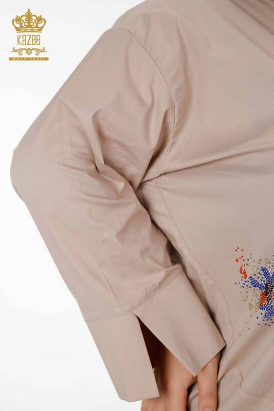 Toptan Kadın Gömlek Renkli Taş İşlemeli Arka Desenli Koton - 20064 | KAZEE