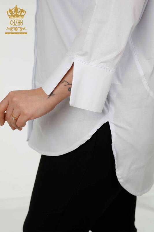 Toptan Kadın Gömlek Renkli Taş İşlemeli Beyaz - 20064 | KAZEE