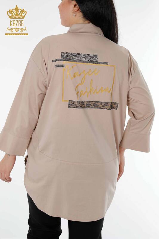Toptan Kadın Gömlek Şerit Taş İşlemeli Bej - 20060 | KAZEE
