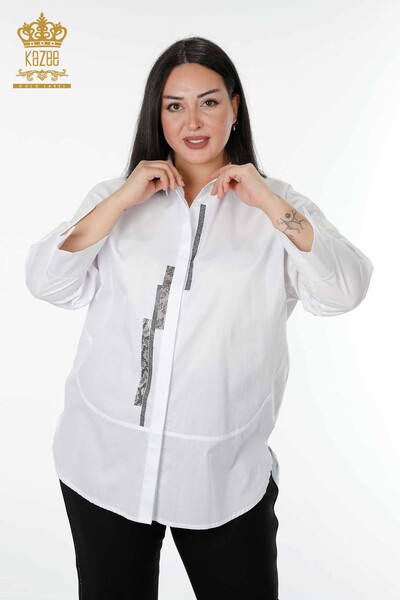 Toptan Kadın Gömlek Şerit Taş İşlemeli Beyaz - 20060 | KAZEE - Thumbnail