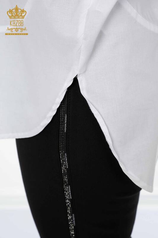 Toptan Kadın Gömlek Şerit Taş İşlemeli Beyaz - 20060 | KAZEE