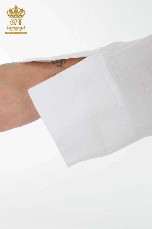 Toptan Kadın Gömlek Şerit Taş İşlemeli Beyaz - 20060 | KAZEE