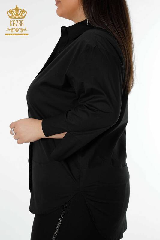 Toptan Kadın Gömlek Şerit Taş İşlemeli Siyah - 20060 | KAZEE