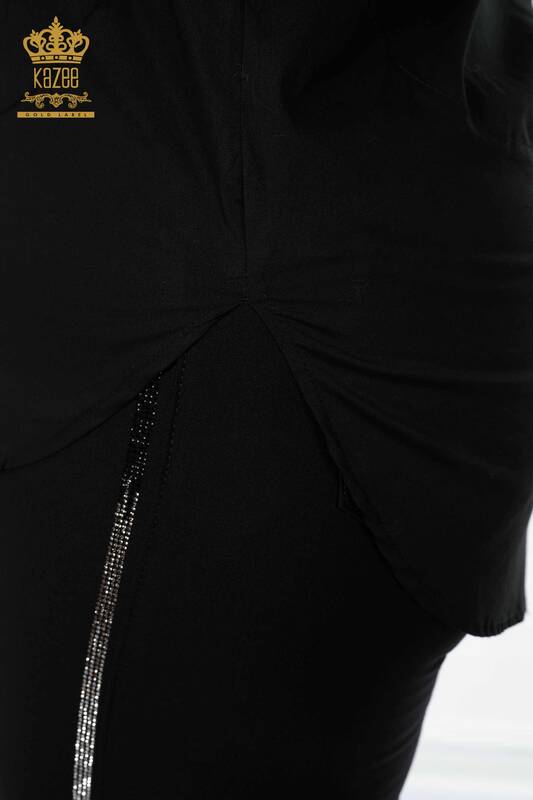 Toptan Kadın Gömlek Şerit Taş İşlemeli Siyah - 20060 | KAZEE