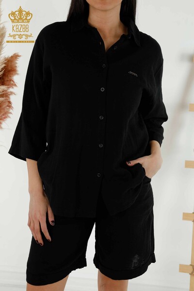 Toptan Kadın Gömlek Takım Cepli Siyah - 20401 | KAZEE - Thumbnail