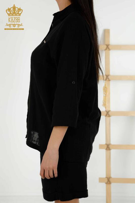 Toptan Kadın Gömlek Takım Cepli Siyah - 20401 | KAZEE