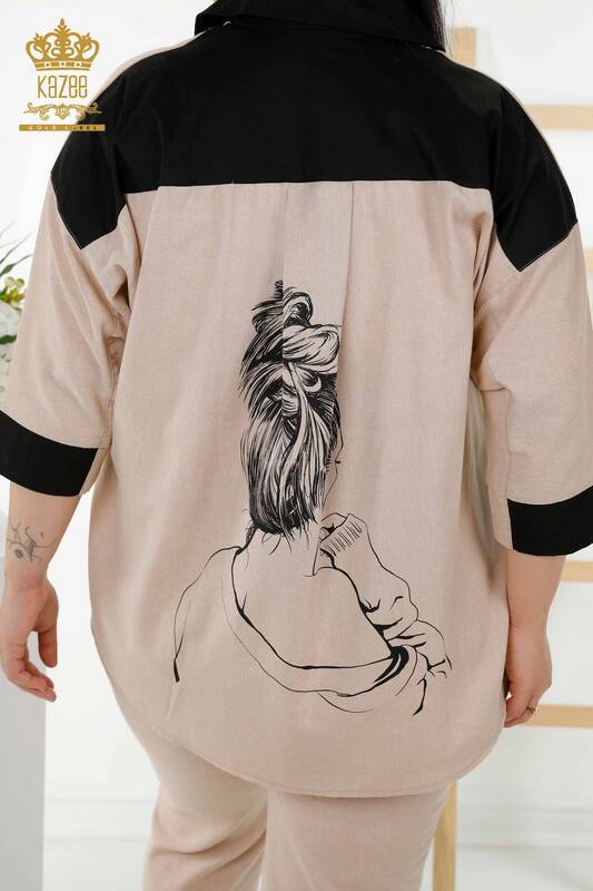 Toptan Kadın Gömlek Takım Desenli Bej - 20332 | KAZEE