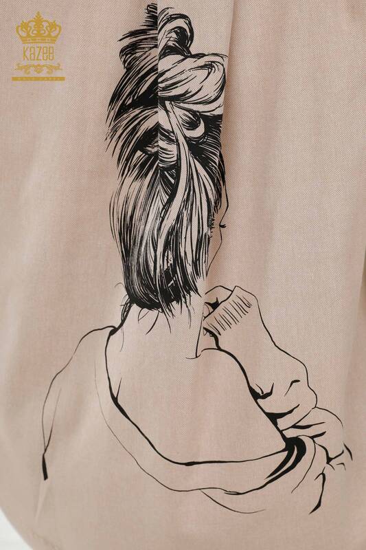 Toptan Kadın Gömlek Takım Desenli Bej - 20332 | KAZEE