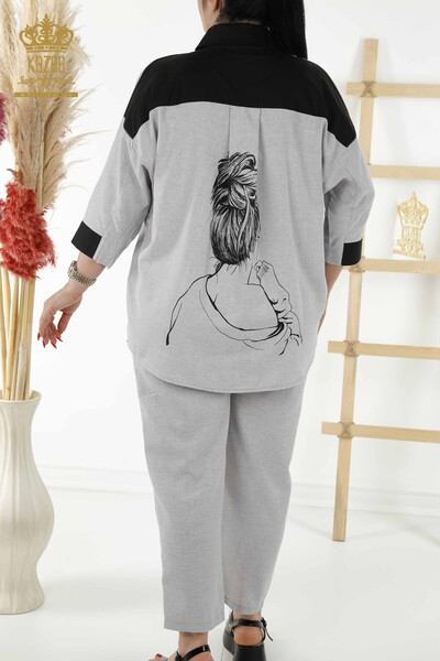 Toptan Kadın Gömlek Takım Desenli Gri - 20332 | KAZEE - Thumbnail