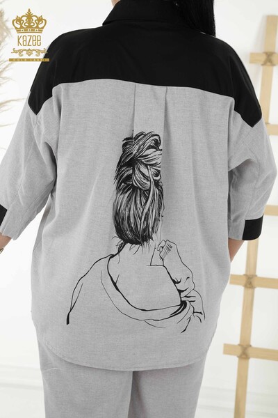 Toptan Kadın Gömlek Takım Desenli Gri - 20332 | KAZEE - Thumbnail