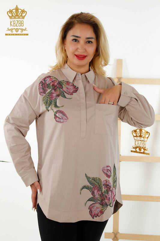 Toptan Kadın Gömlek Taş İşlemeli Bej - 20008 | KAZEE