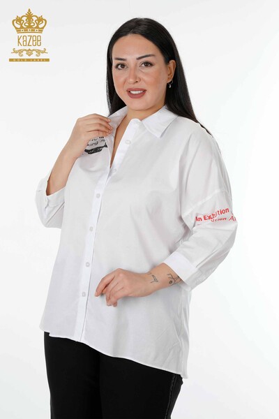 Toptan Kadın Gömlek Taş İşlemeli Beyaz - 20095 | KAZEE