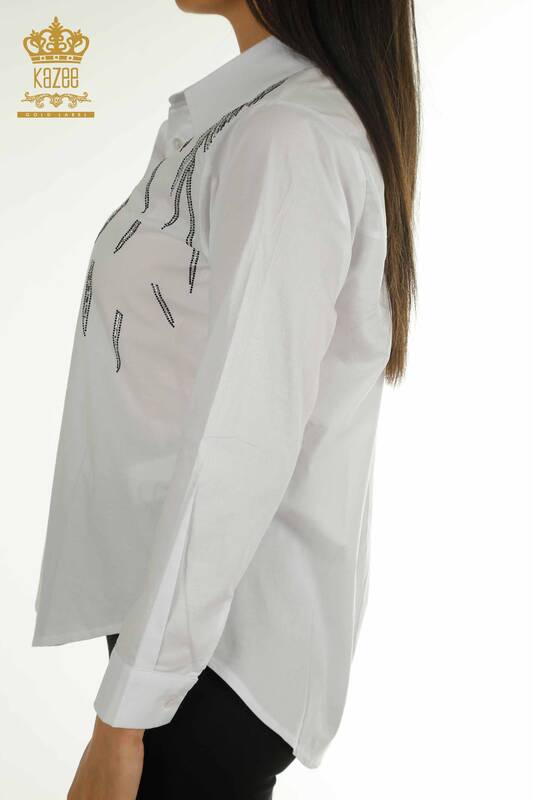 Toptan Kadın Gömlek Taş İşlemeli Beyaz - 20477 | KAZEE
