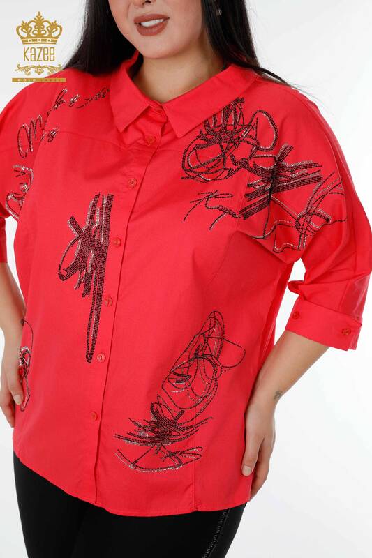 Toptan Kadın Gömlek Taş İşlemeli Mercan - 20131 | KAZEE