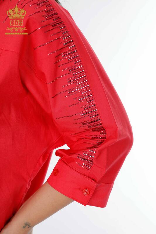Toptan Kadın Gömlek Taş İşlemeli Mercan - 20132 | KAZEE