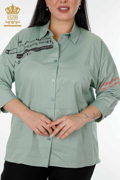 Toptan Kadın Gömlek Taş İşlemeli Mint - 20095 | KAZEE - Thumbnail