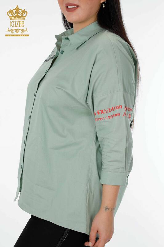 Toptan Kadın Gömlek Taş İşlemeli Mint - 20095 | KAZEE