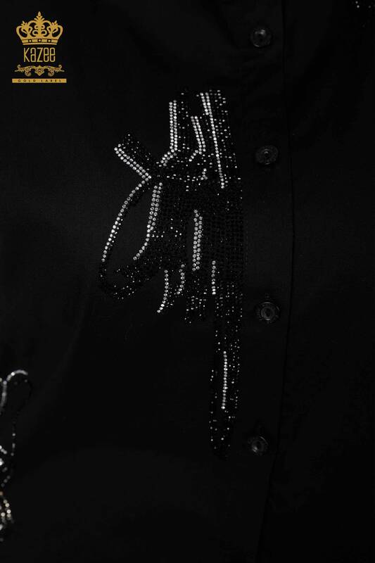 Toptan Kadın Gömlek Taş İşlemeli Siyah - 20131 | KAZEE