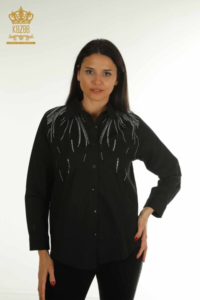 Toptan Kadın Gömlek Taş İşlemeli Siyah - 20477 | KAZEE - Thumbnail
