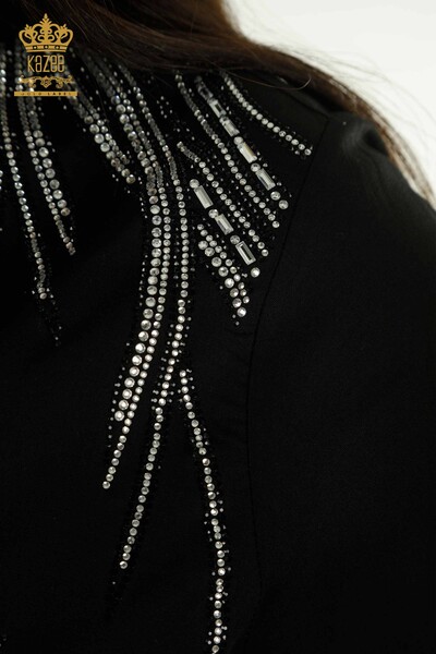 Toptan Kadın Gömlek Taş İşlemeli Siyah - 20477 | KAZEE - 4