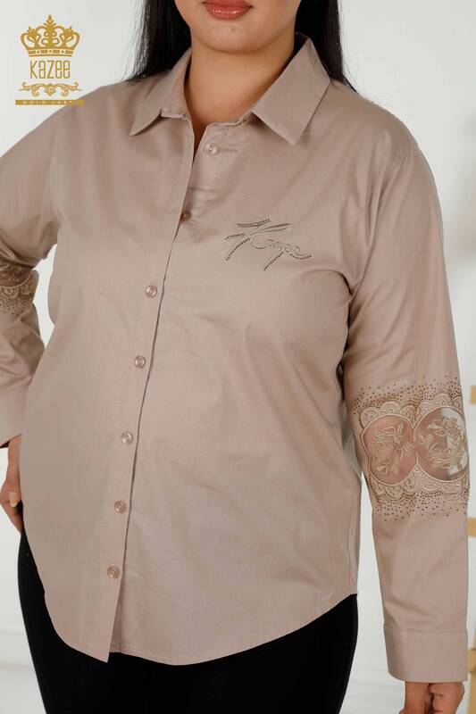 Toptan Kadın Gömlek Tül Detaylı Bej - 20407 | KAZEE