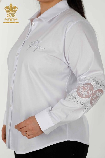 Toptan Kadın Gömlek Tül Detaylı Beyaz - 20407 | KAZEE - Thumbnail