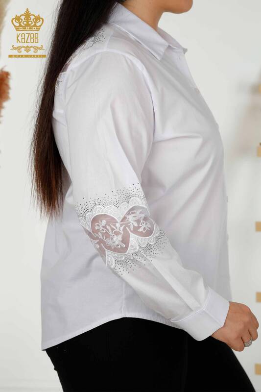 Toptan Kadın Gömlek Tül Detaylı Beyaz - 20407 | KAZEE