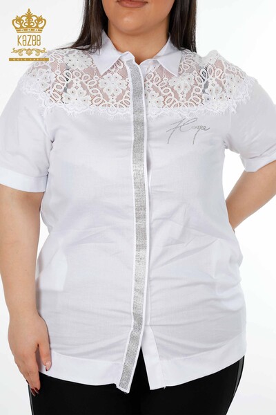 Toptan Kadın Gömlek Tül Detaylı Desenli Kristal Taş İşlemeli - 20211 | KAZEE - Thumbnail