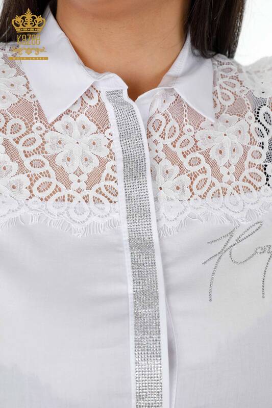 Toptan Kadın Gömlek Tül Detaylı Desenli Kristal Taş İşlemeli - 20211 | KAZEE
