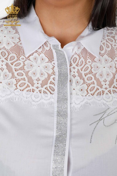 Toptan Kadın Gömlek Tül Detaylı Desenli Kristal Taş İşlemeli - 20211 | KAZEE - Thumbnail