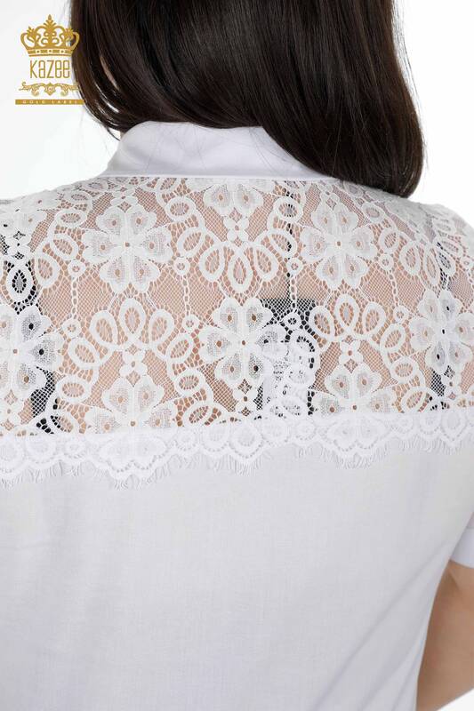 Toptan Kadın Gömlek Tül Detaylı Desenli Kristal Taş İşlemeli - 20211 | KAZEE