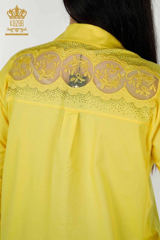Toptan Kadın Gömlek Tül Detaylı Sarı - 20407 | KAZEE