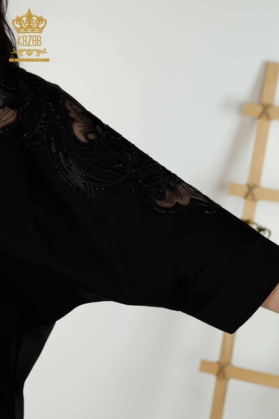 Toptan Kadın Gömlek Tül Detaylı Siyah - 20406 | KAZEE - Thumbnail